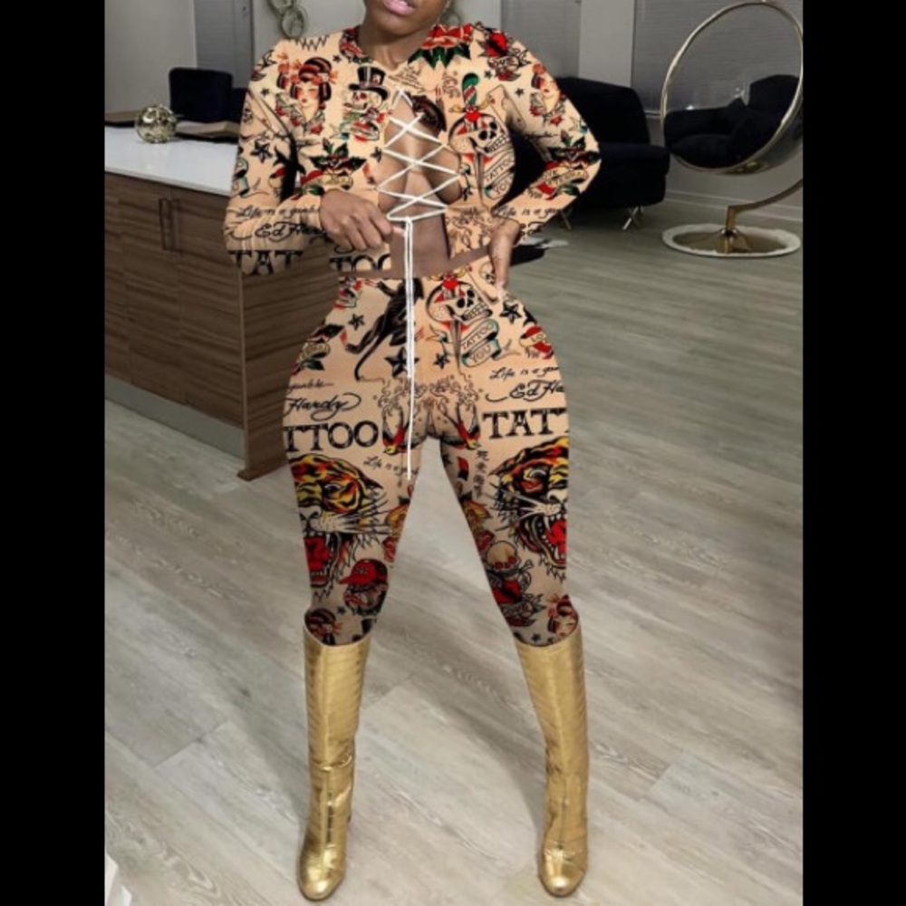 Tattooed Open Front W/Lace Up Long Sleeve Crop Top & Matching Leggings 2 Pc set
